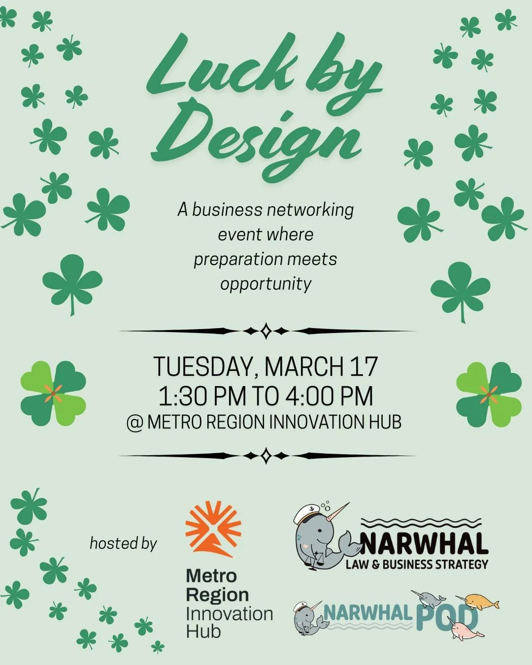 Luck by Design is just one week away! 

Join us on Tuesday, March 17 for Luck By Design, a relaxed, green-themed networking event that combines intentional 15-minute conversations with experienced service professionals and casual connection through g