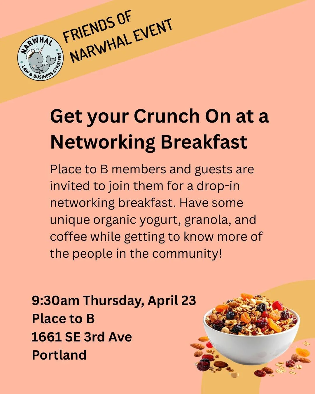 We wanted to share this event after having a lovely time at last week's happy hour at @placetobpdx:

This Thursday morning, get your crunch on! Place to B members and guests are invited to join them for a drop-in networking breakfast. Have some uniqu