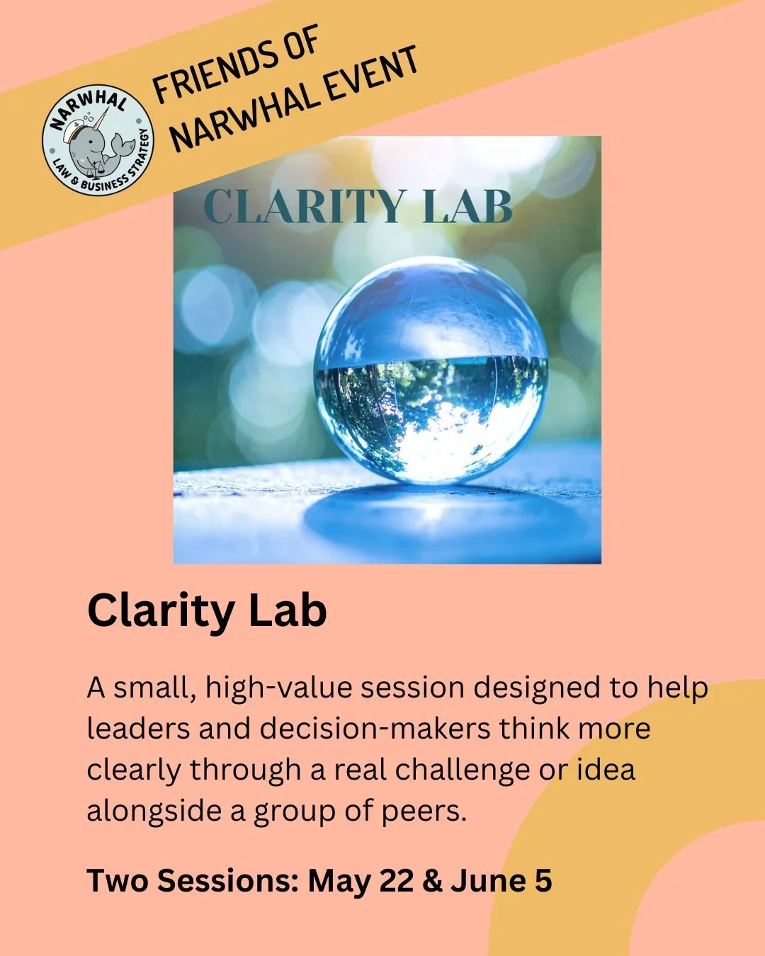 We want highlight an event from two of our @narwhal_pod members! Clarity Lab is a small, high-value session designed to help leaders and decision-makers think more clearly through a real challenge or idea alongside a group of peers.
 
They are offeri