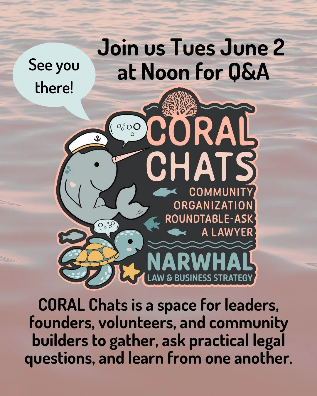 To meet the needs of our community, we created CORAL Chats. Join us on Tuesday at noon online for a free Q&amp;A session. 🪸 CORAL Chats is a space for leaders, founders, volunteers, and community builders to gather, ask practical legal questions, an