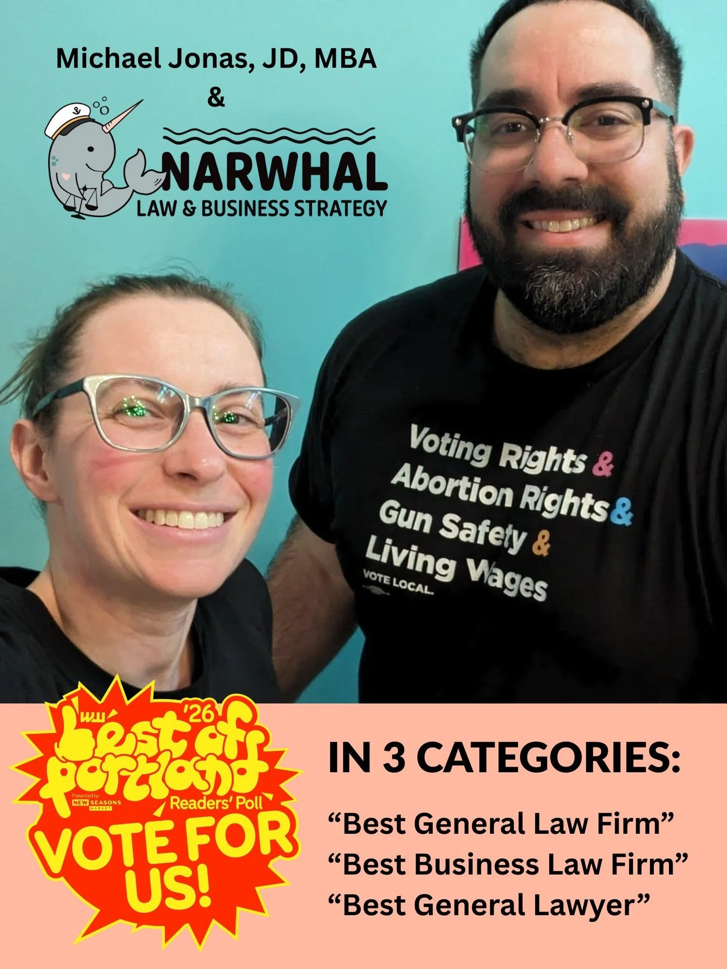Generous, Justice-centered, Community-focused. 

This is how we all know Michael and what he brings to Narwhal. He redefines what it means to be a law firm by offering free initial consultations and free/sliding scale events to help nonprofits and sm