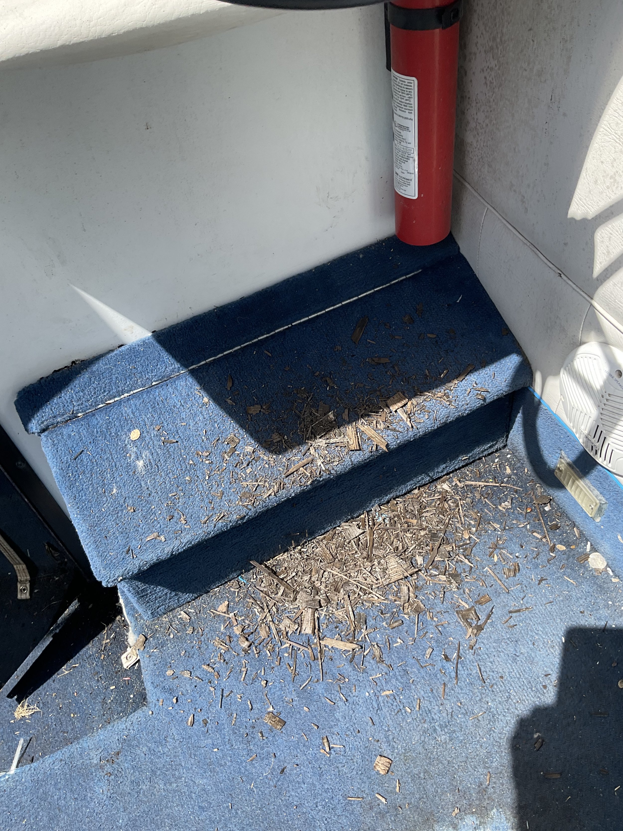 Boat interior with blue carpet, wood debris scattered on staircase, and a red fire extinguisher mounted on the wall.