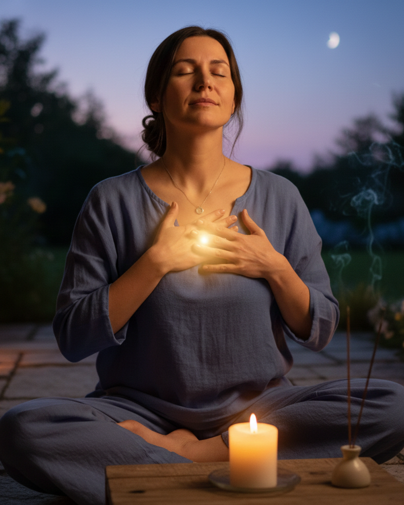 A woman sitting cross-legged outdoors at dusk, with her eyes closed and hands on her chest, meditating. There is a lit candle and incense on a table nearby, and the sky is darkening with a visible moon in the background.