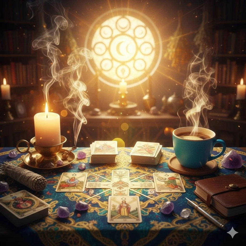 A mystical tarot reading setup with tarot cards spread on a richly decorated table, surrounded by lit candles, purple crystals, a steaming cup of coffee, and a pen. In the background, a glowing circular symbol with zodiac signs is projected on the wall.