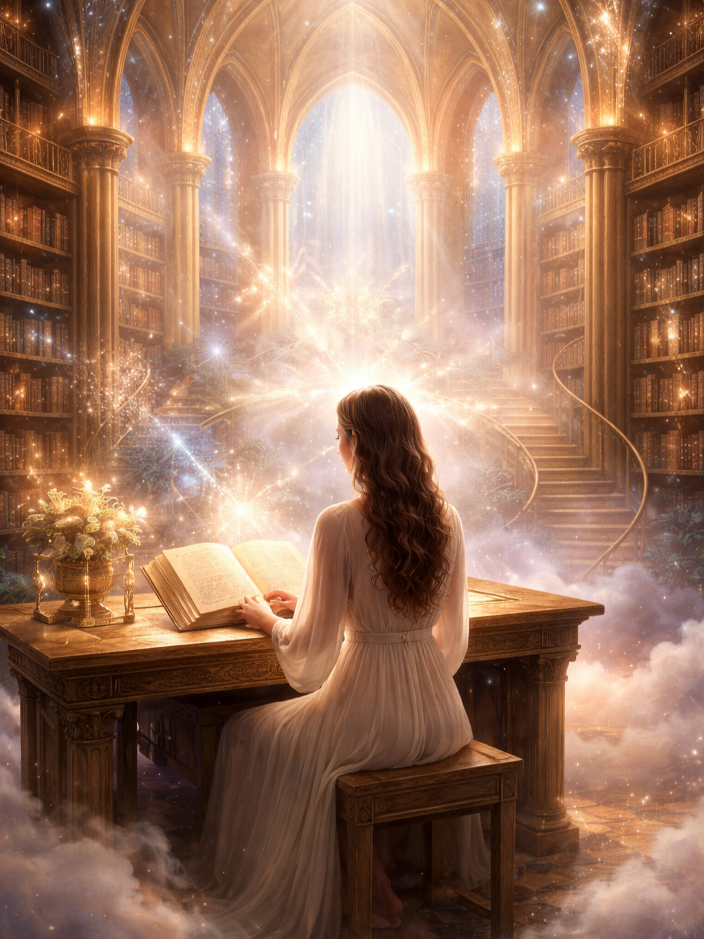 A woman with long, curly hair dressed in a flowing cream gown sits at a wooden desk in a grand, ornate library surrounded by glowing stars and sparkles. She reads an open book, with mystical light and clouds of mist filling the space, and a luminous staircase ascending to a bright light at the back of the library.