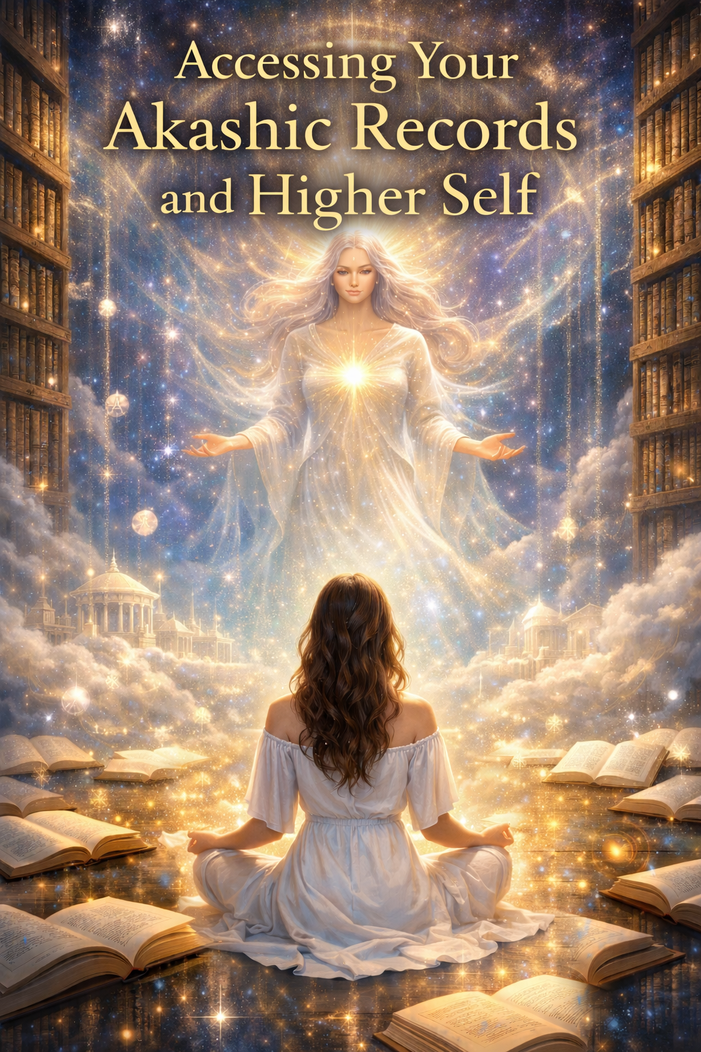 A woman in a white dress is sitting cross-legged on the floor surrounded by open books, gazing up at a luminous, angelic figure with long flowing hair and radiant light, against a cosmic background with stars and ancient architecture.