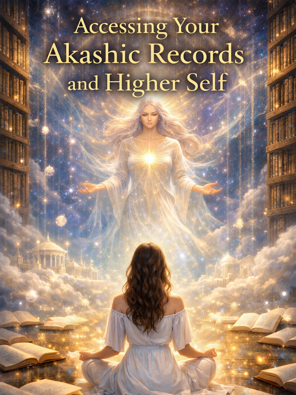 Woman meditating in spiritual light connecting to higher self and angelic guidance in Buffalo, NY