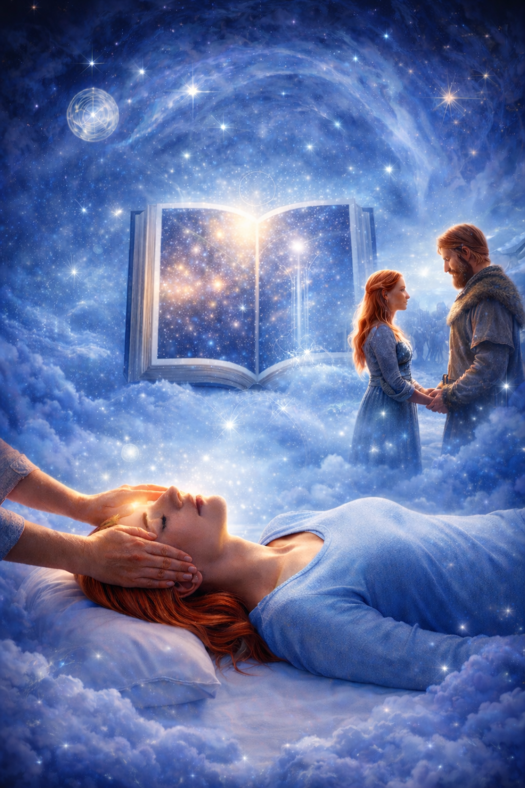 A woman in white robes sits in a forest clearing with her hands in prayer, surrounded by candles and gems, as colorful mystical smoke rises from a cauldron with words like 'fear,' 'shame,' 'guilt,' and 'uncertainty' floating within it.