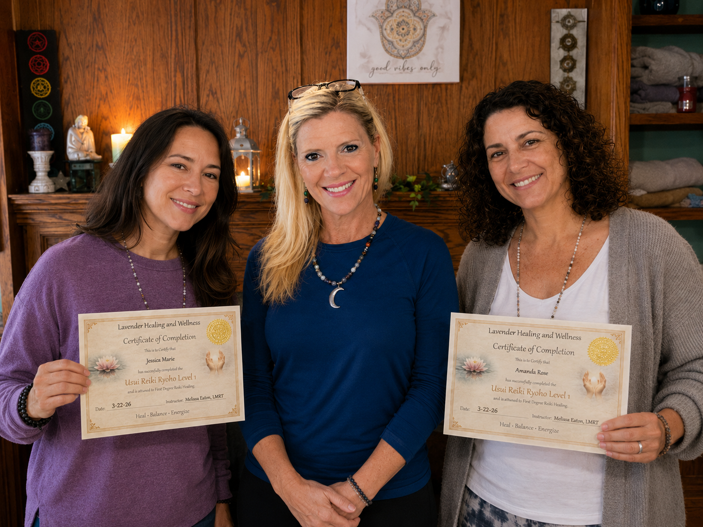 Reiki Level 1 Class student photo with certificates of completion