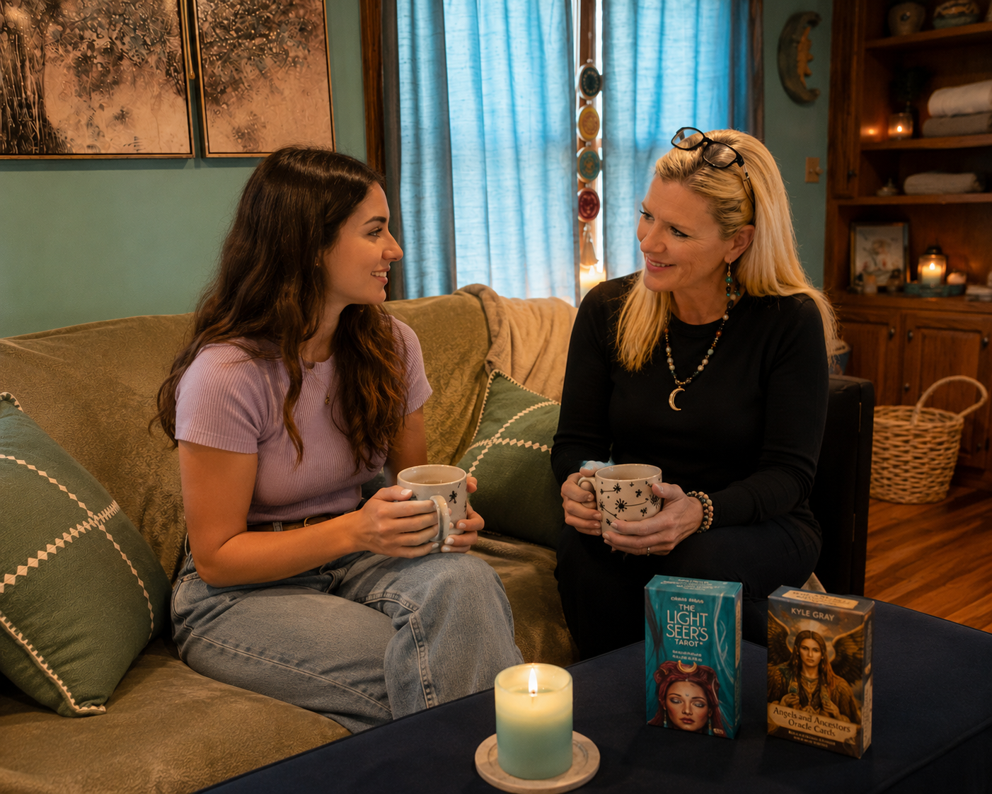 Melissa Eaton, psychic tarot reader with client in buffalo studio.