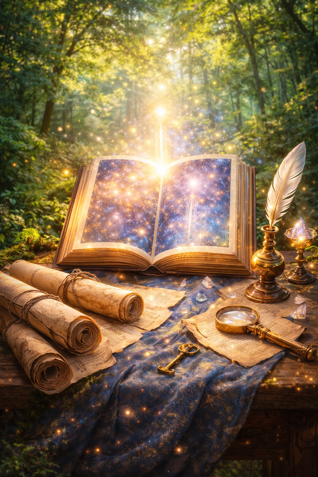 A woman lying on her back on a mattress with a pillow, surrounded by crystals, with a woman sitting cross-legged in meditation behind her. The woman meditating appears to be channeling glowing, swirling energy towards the sleeping woman. The scene is indoors, near large windows with plants outside, and sunlit.