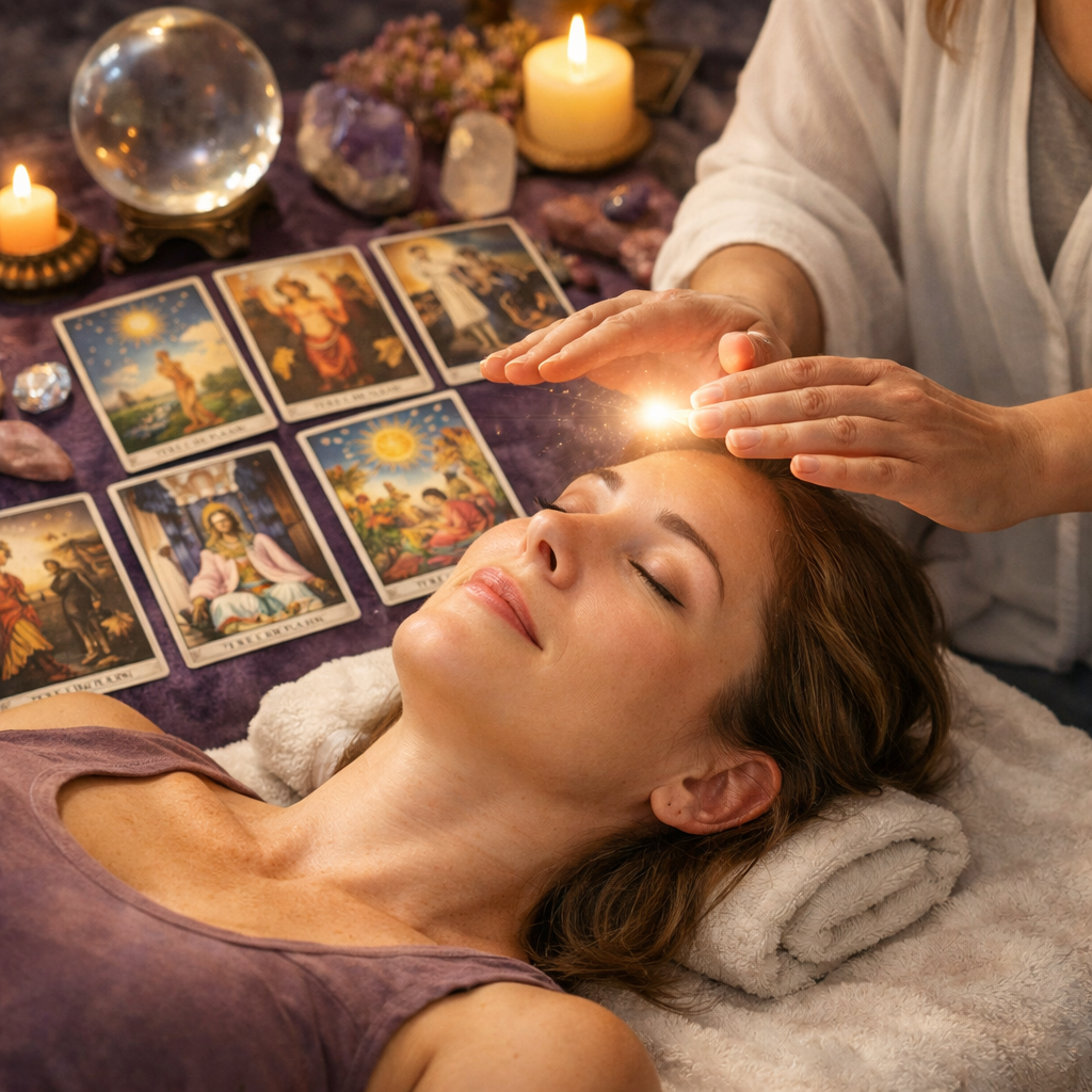 A tarot card reading setup with tarot cards, crystals, and decorative objects on a dark blue table.