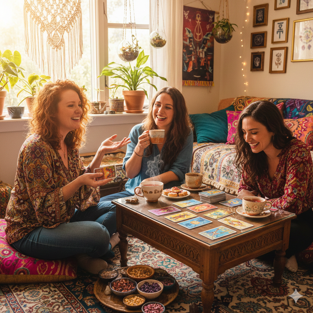 Women gathered around a kitchen island with wine, food, and drinks, enjoying a social gathering.
