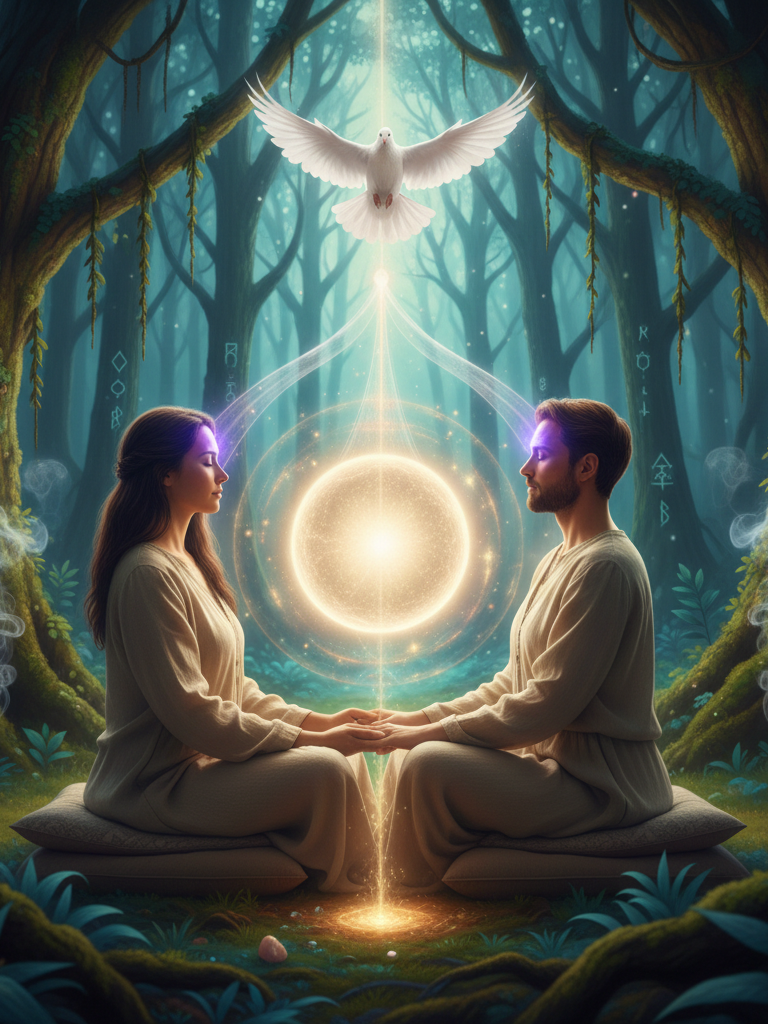 A mystical scene in a dark forest where a man and woman sit facing each other on cushions, holding hands. A glowing orb hovers between them with light beams connecting to a dove soaring above. The scene is surrounded by trees with lit symbols and pots emitting smoke, creating an enchanting, spiritual atmosphere.