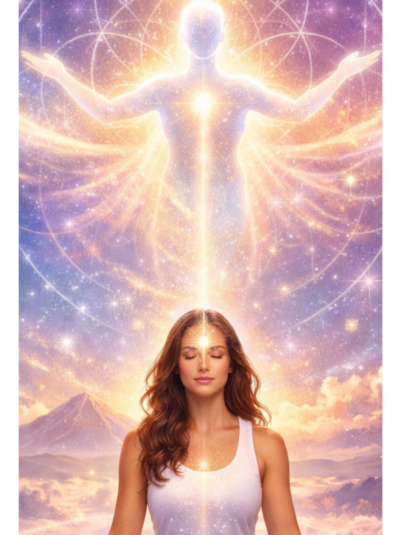 A woman meditating with her eyes closed in front of a cosmic background featuring stars, clouds, and a mountain, with an ethereal light forming a figure with arms outstretched above her head.