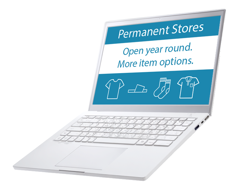 Laptop displaying an advertisement for permanent stores, highlighting year-round availability and more item options, with icons of clothing, shoes, and a shirt.