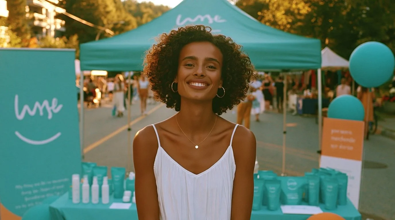 A smiling woman with curly hair wearing a white sleeveless top stands in front of a teal tent with a logo that says 'lume' at an outdoor market or festival during daytime. There are teal products displayed on a table and teal balloons around the booth.