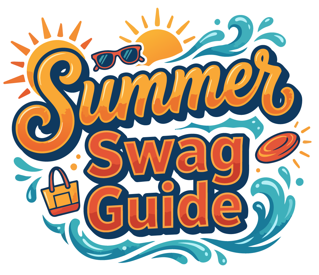 Colorful summer-themed graphic with the text 'Summer Swag Guide' in large, playful font, featuring sunglasses, a bag, and swim waves.