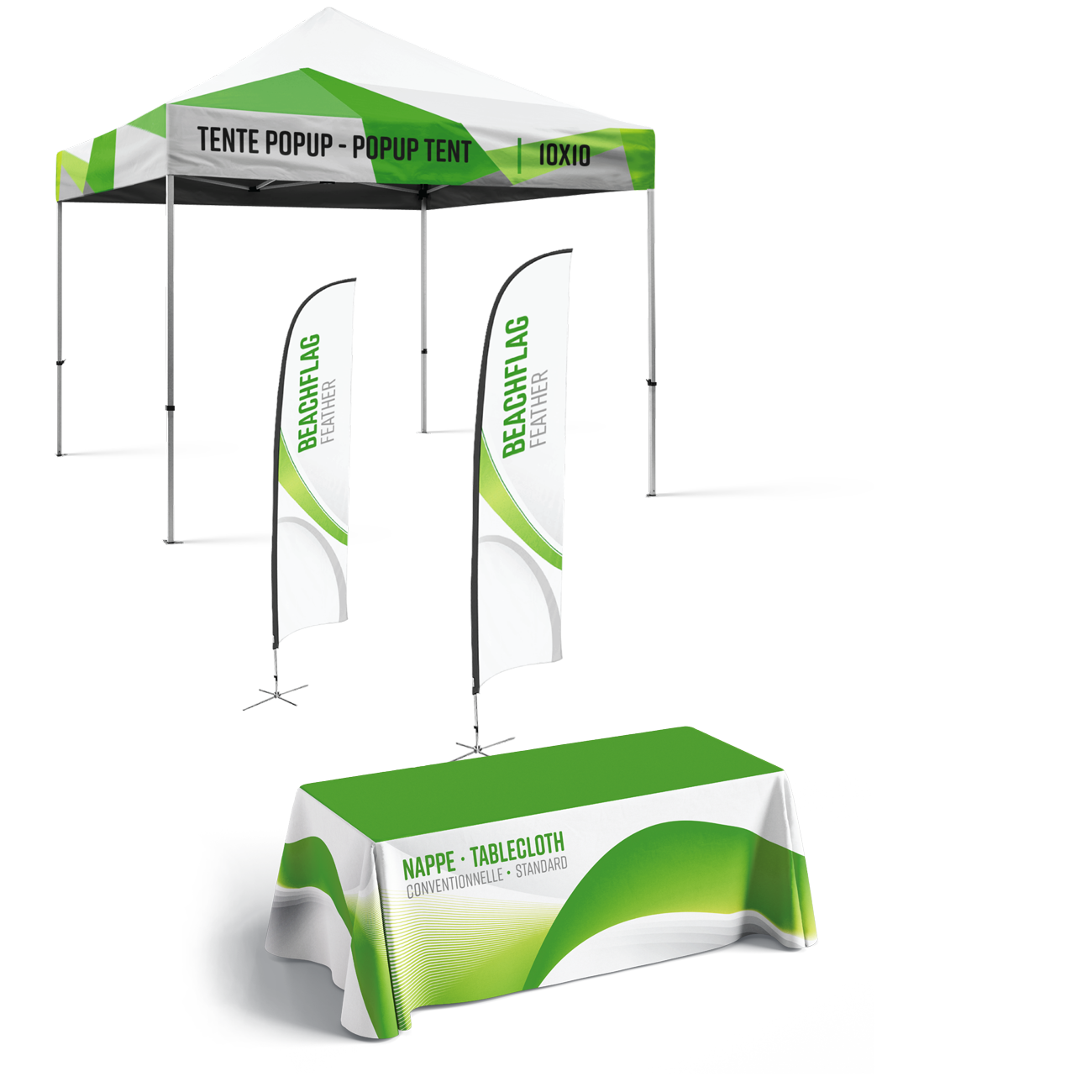 A large green and white promotional tent with canopy, alongside vertical banners.  In front of the tent, there is a table with a green and white cover.  A wide range of display items.