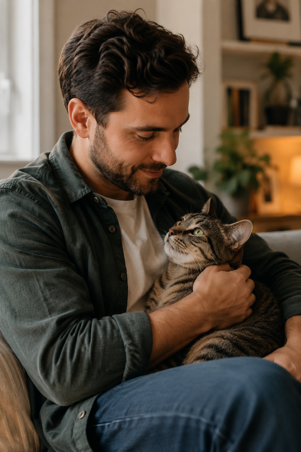A man holding and petting a tabby cat indoors, both looking at each other affectionately.
