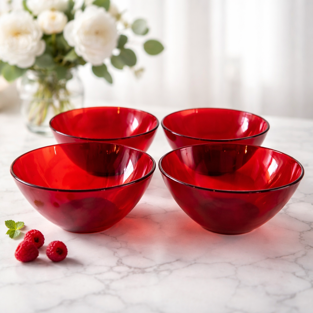 Set Of Four Vintage Ruby Dishes By Arcoroc, France.