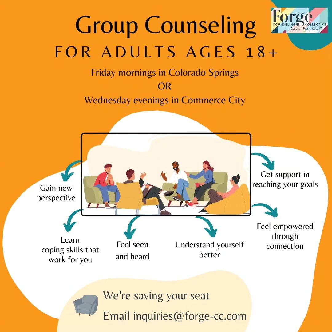 🌟 Seeking a supportive community? Join our Adult Counseling Groups! ➡️ Open to ages 18+, we offer sessions in two convenient locations:

📍 Friday mornings in Colorado Springs
Or
📍Wednesday evenings in Commerce City

✔️ We accept insurance and priv