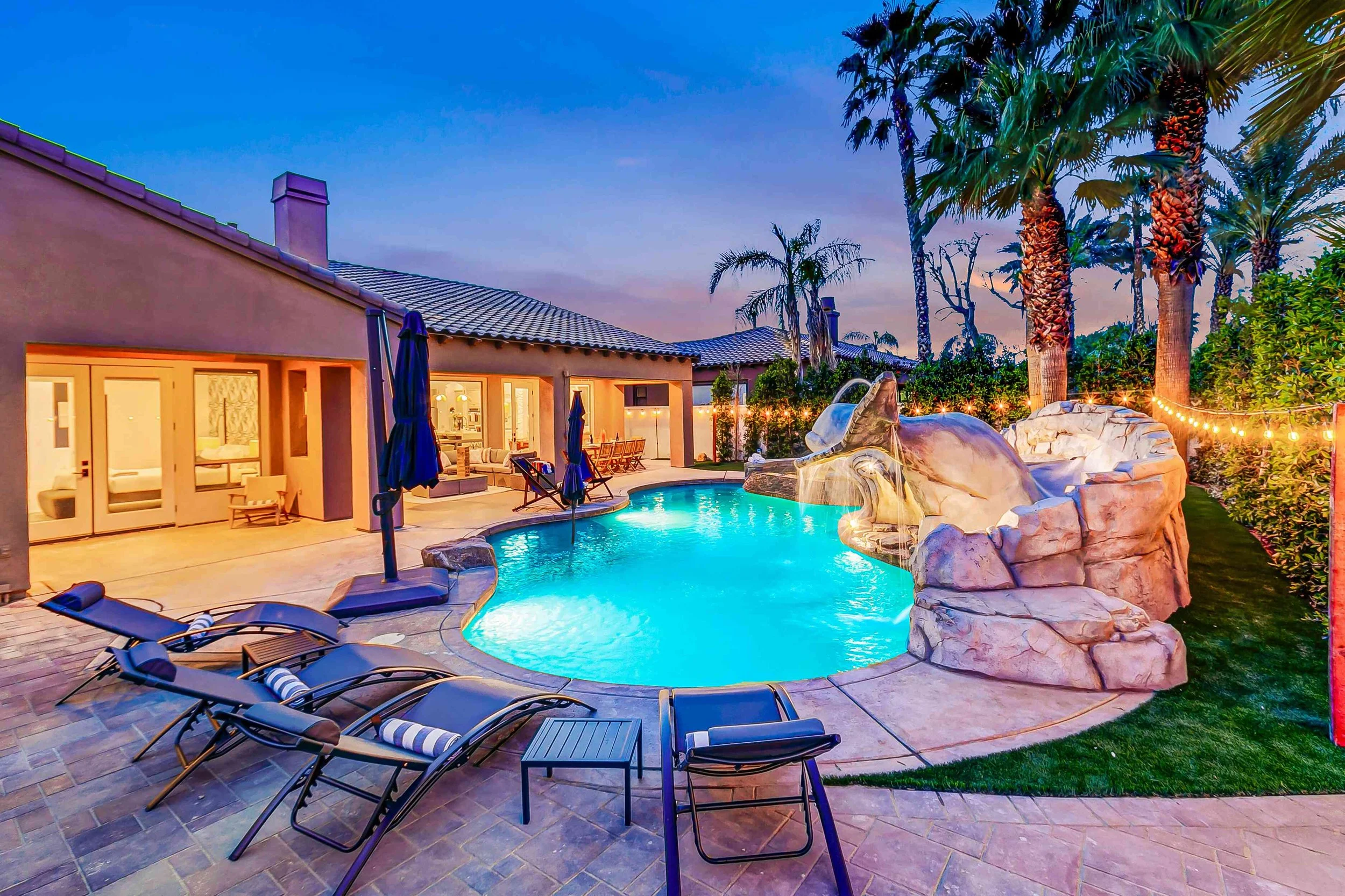 Ohana, an Indio villa with a whale waterslide, outdoor kitchen and gym