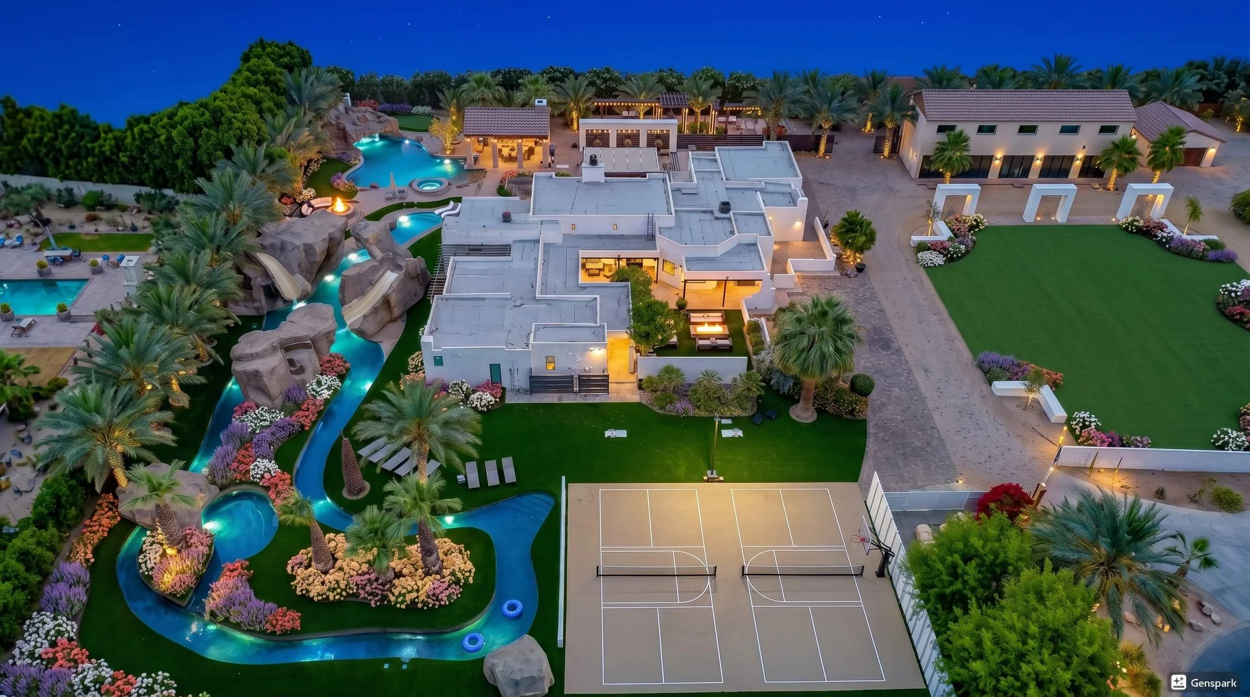 Wandery Ranch, a 10,000 square foot Indio estate with a lazy river, event lawn and sports courts