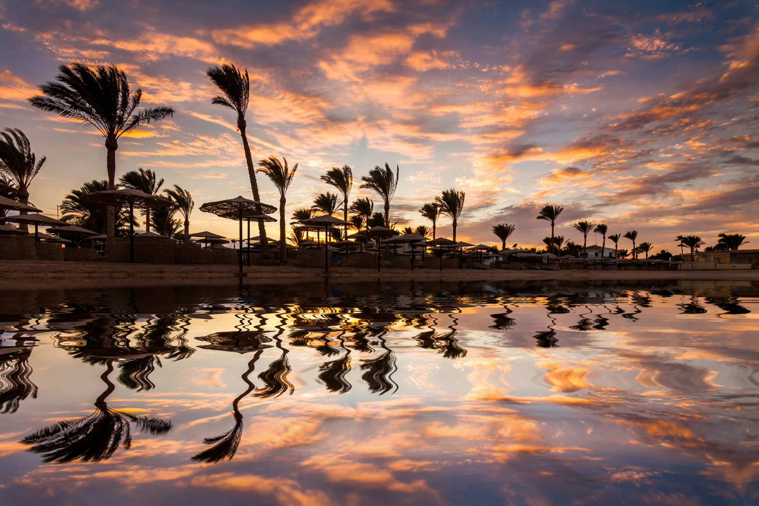 Sunset with orange and pink clouds, tall palm trees, and umbrellas along a waterfront, reflected in the water.