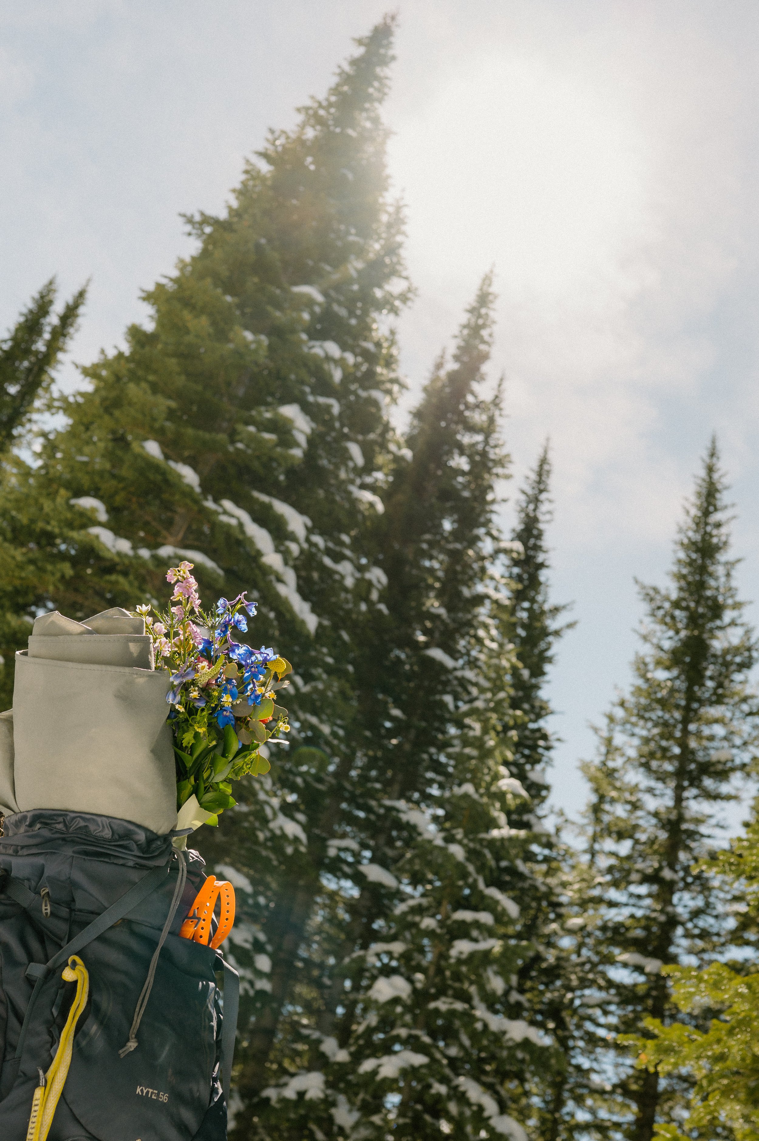 photo of wildflower bouquet during hiking/snowshoe elopement