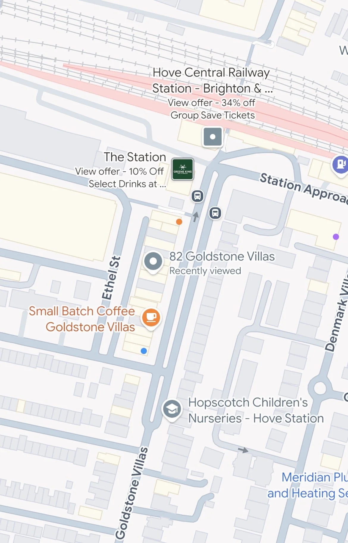Map of Hove Station area showing nearby businesses and transportation options, with icons for cafes, nurseries, and transportation stops.