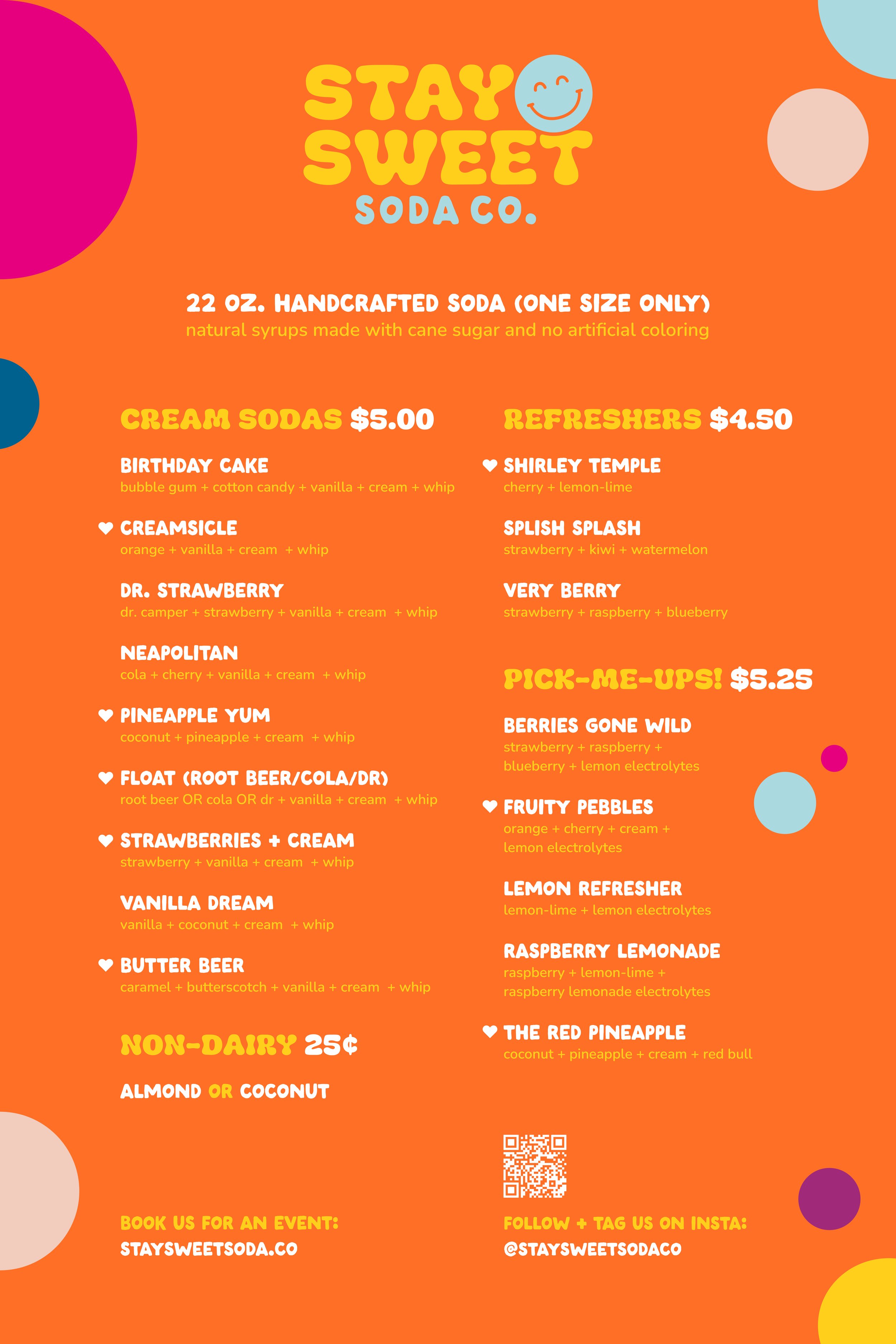 Menu featuring cream sodas, refreshers and pick-me-ups.