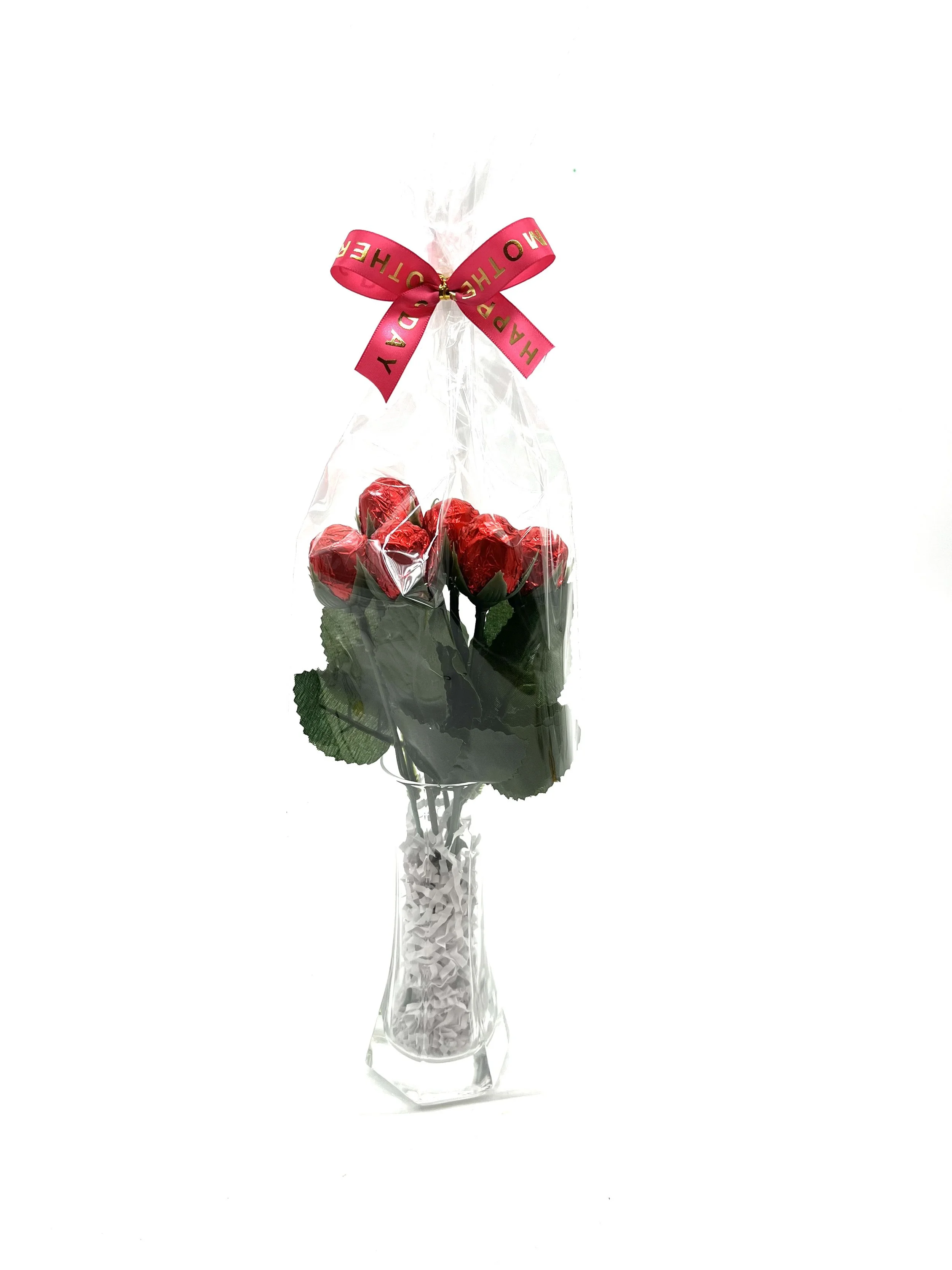 Vase with 6pc Red Foiled Milk Chocolate Roses