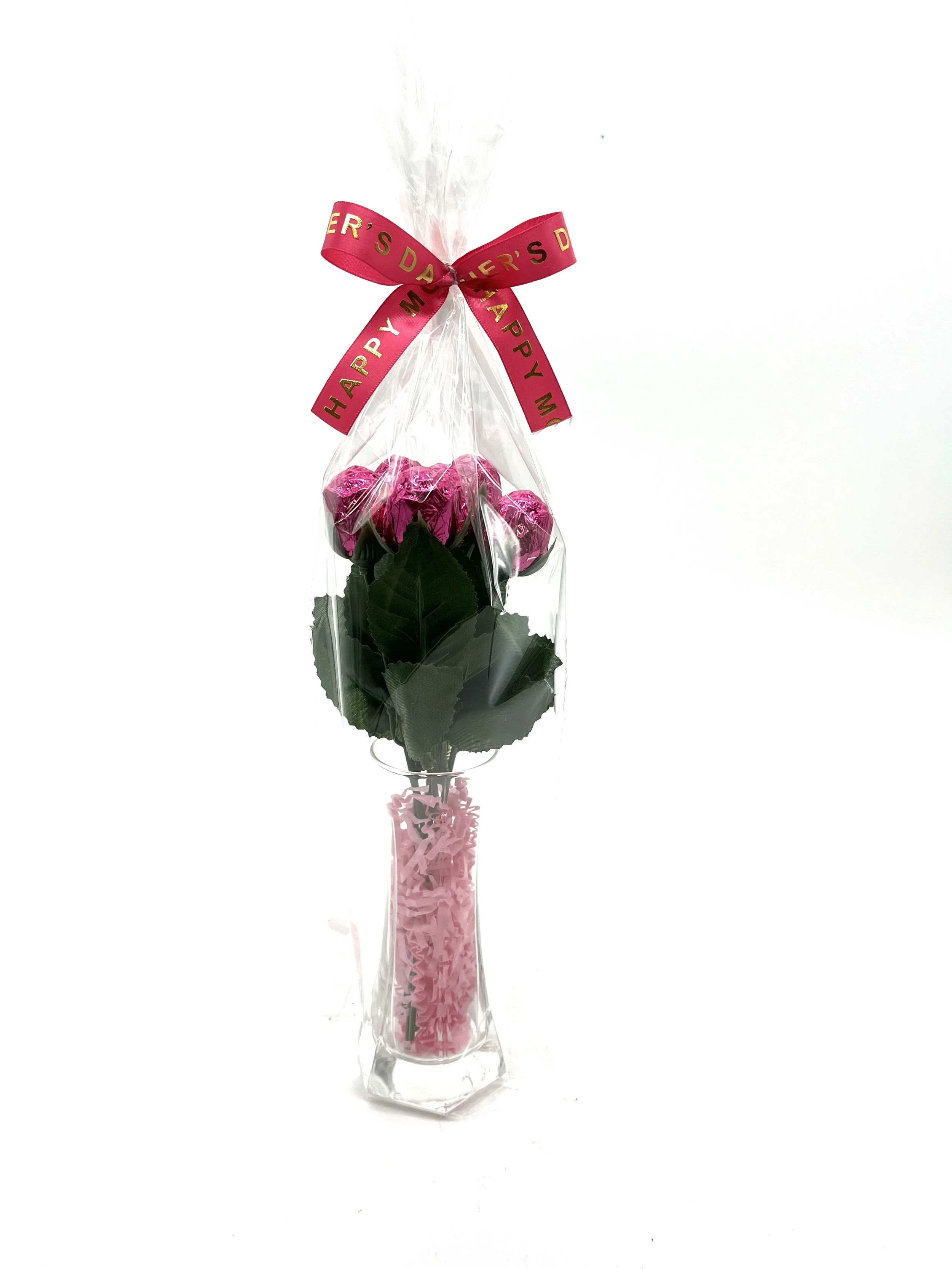 Vase with 6pc Pink Foiled Milk Chocolate Roses