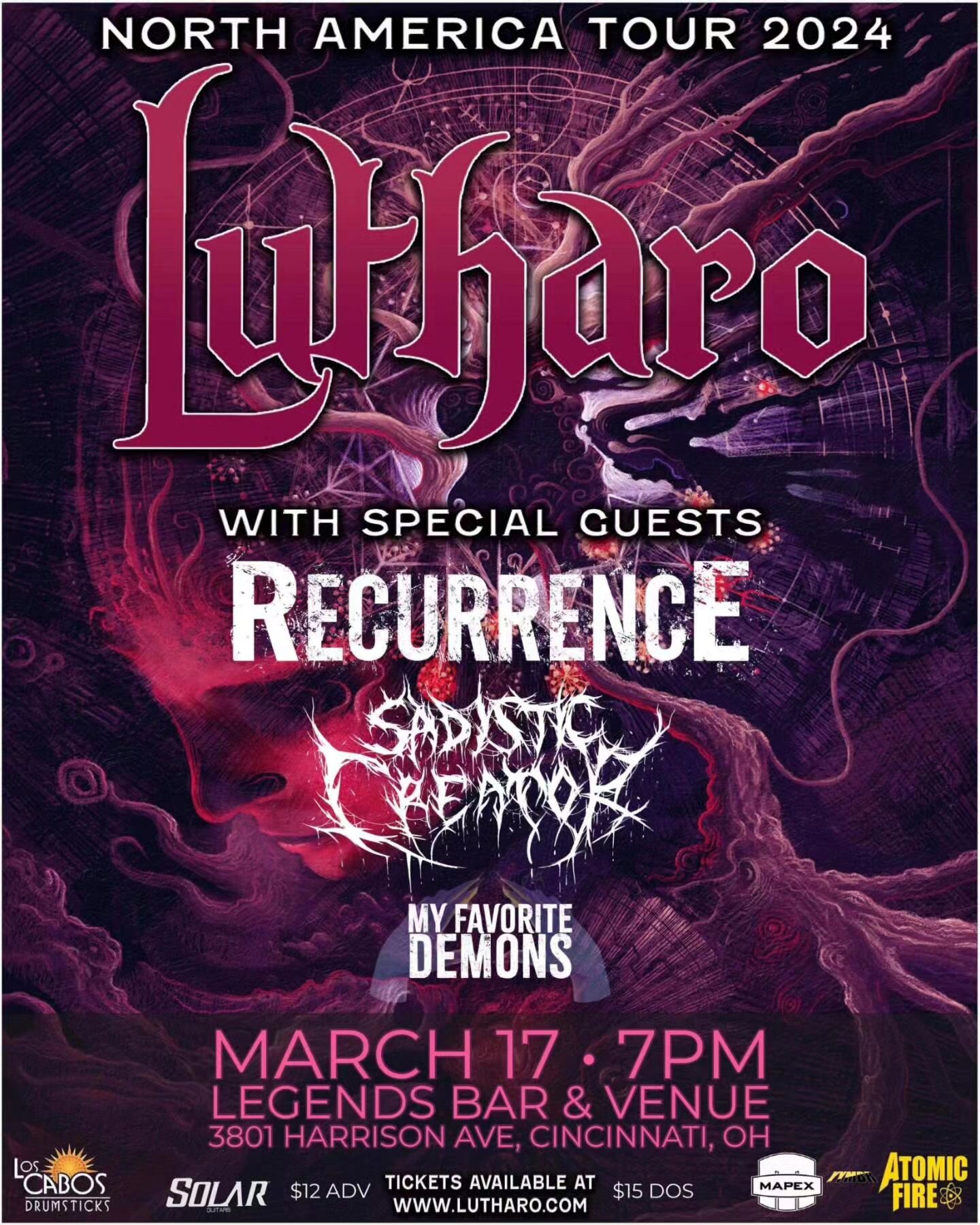 We are excited to announce we will be opening for @lutharo_official at @legendsbar513 on Sunday March 17th! Also performing are @sadisticcreator and our friends in @myfavoritedemonsband so you don't wanna miss this awesome show!
🔄
Tickets available 