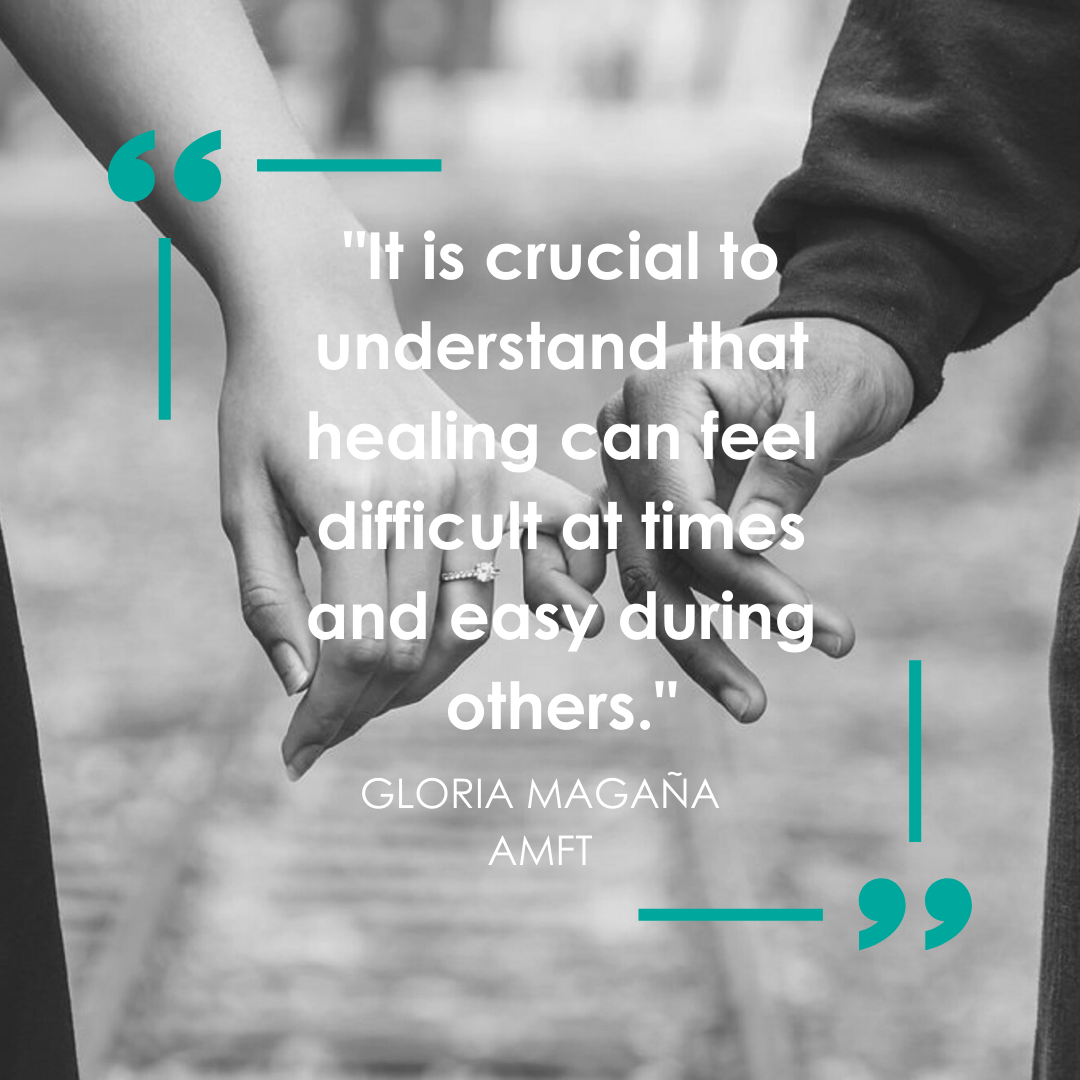 Black and white photo of couple holding each others pinky and a quote but Gloria Agana
