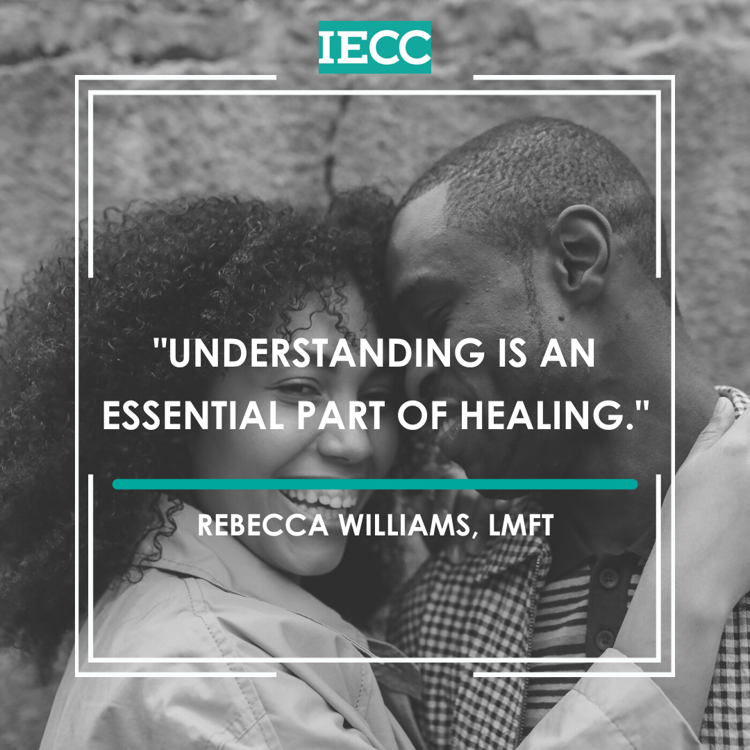 Black and whte photo of couple smiling and a quote by Rebecca Williams LMFT couples counselor in Riverside CA