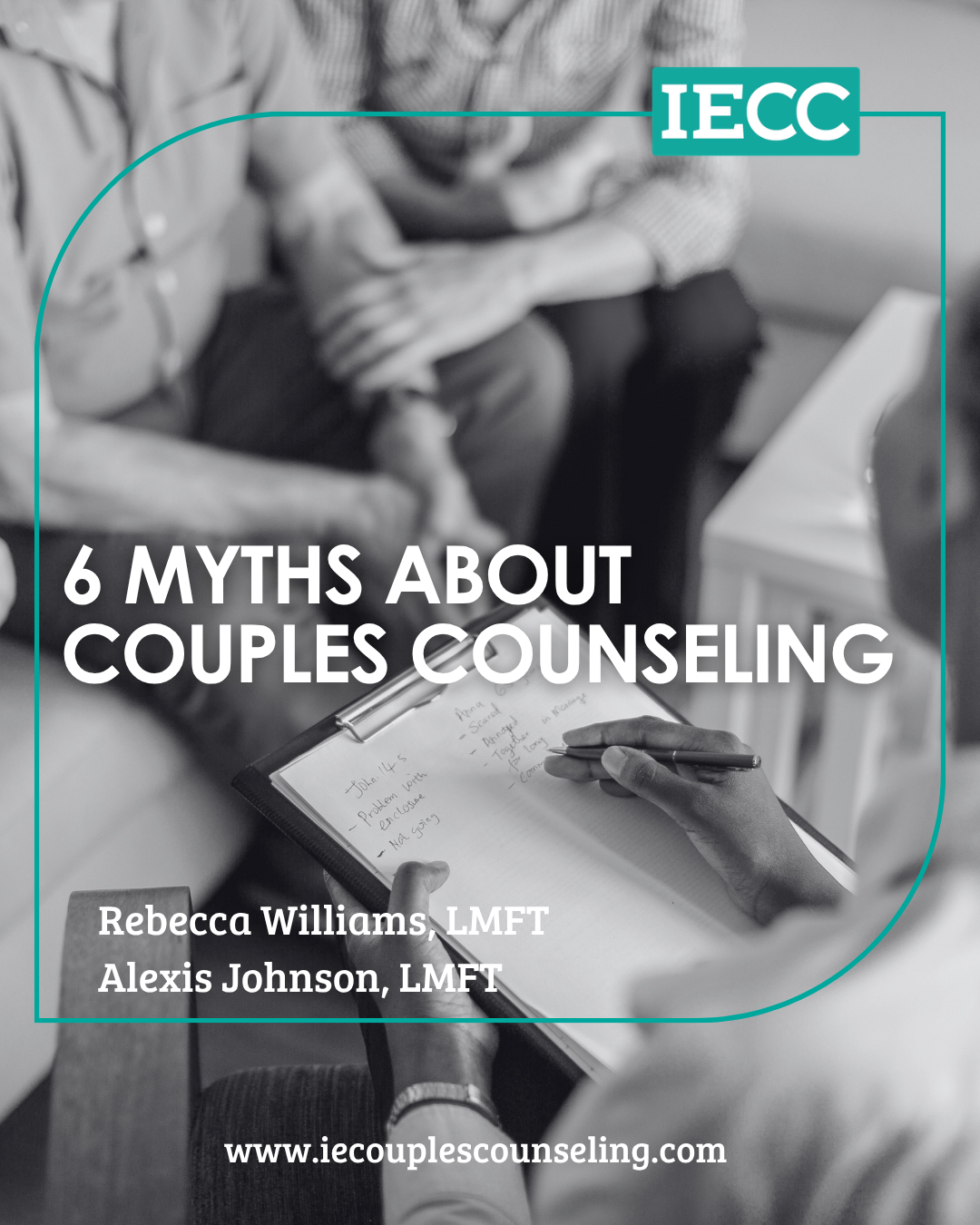 black and white image of a couple sitting close, one person has their hand on the other. Text overly is 6 myths about couples counseling in Riverside CA