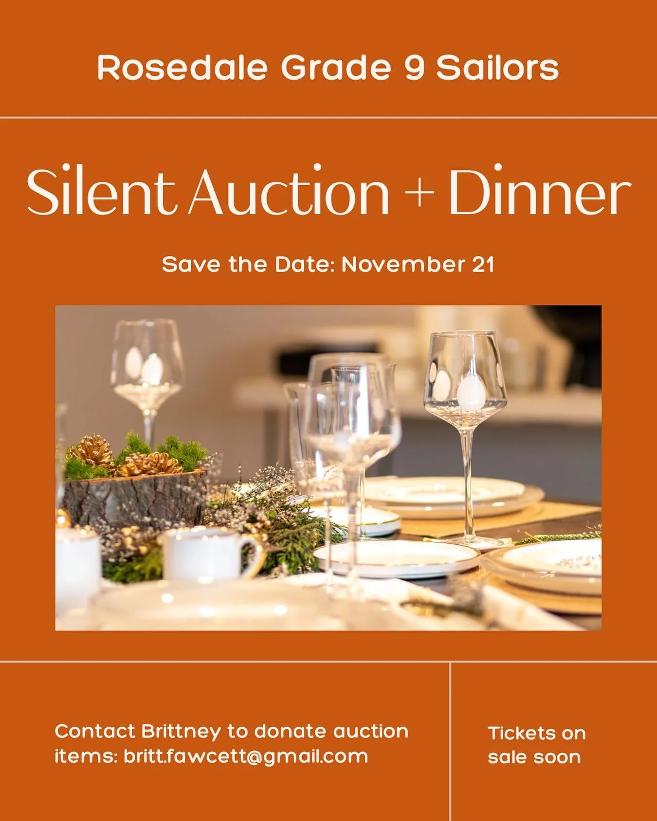 SAVE THE DATE for the annual silent auction &amp; dinner hosted by the Rosedale Gr 9 sailors to raise funds for the west coast sailing adventure. 

DONATE AUCTION ITEMS by contacting Brittney at Britt.fawfett@gmail.com.

TICKETS ON SALE SOON!