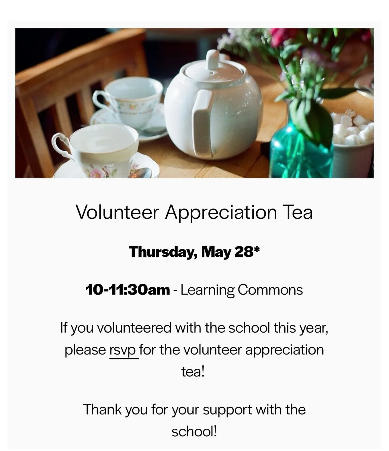 We hope all school volunteers can attend! Link to RSVP on website.