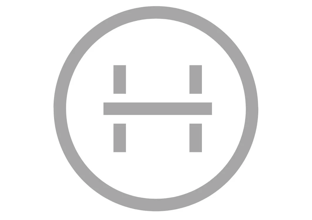 Gray and white icon of a face inside a circle, with three vertical lines forming the mouth and eyes.