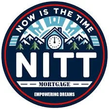 Circular logo for NITT Mortgage with mountains, clock, and the slogan 'Now is the time.'
