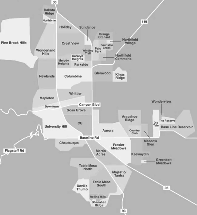A map of a city showing neighborhoods, roads, and landmarks, including University Hill, Downtown, and the Base Line Reservoir.