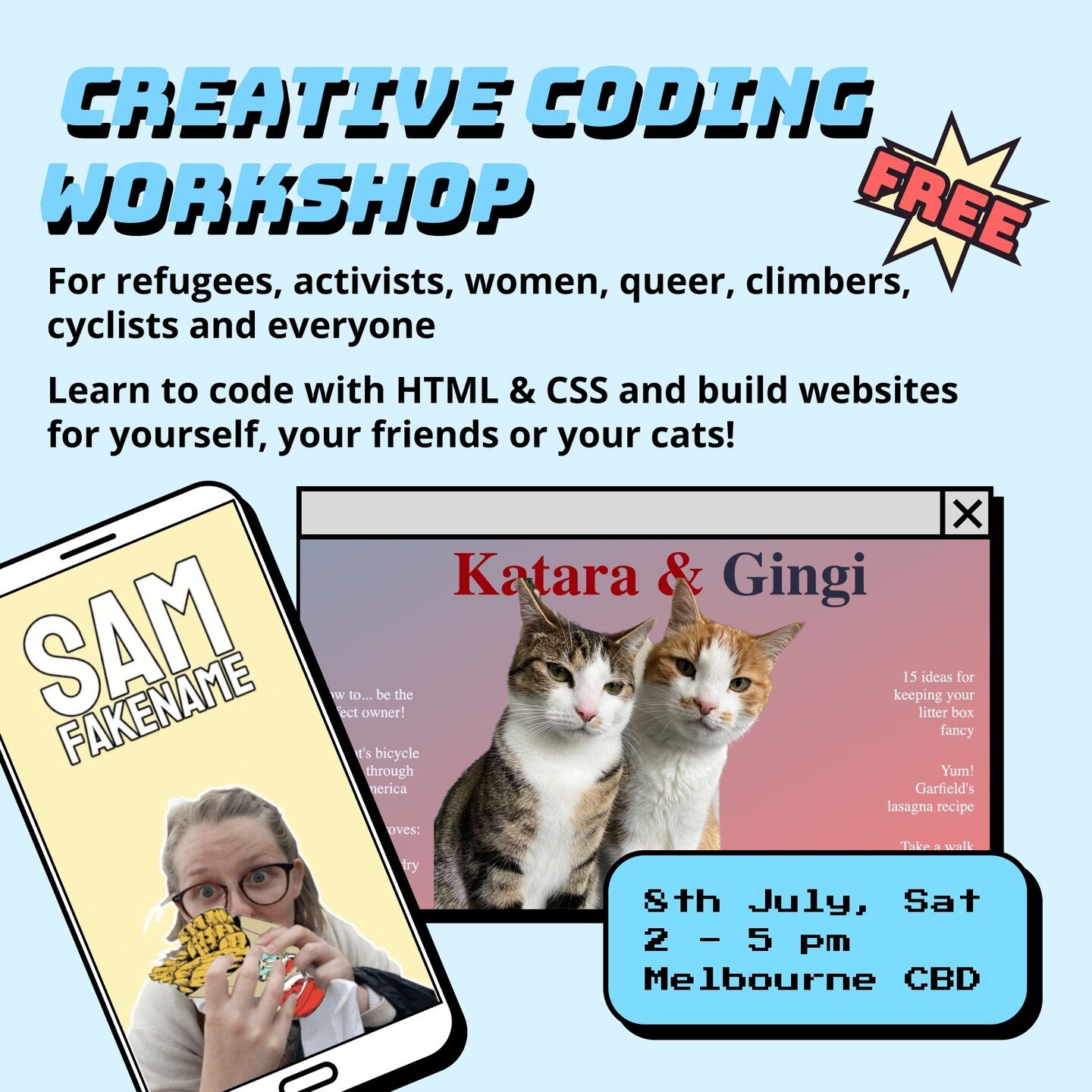 Hey everyone, we are running another workshop on the second Saturday of July, it will be an afternoon of fun activities 💃 and food 🌮, you will get to learn to build cool websites 👩&zwj;💻 and generative art 🖼️ and meet some very friendly people ?