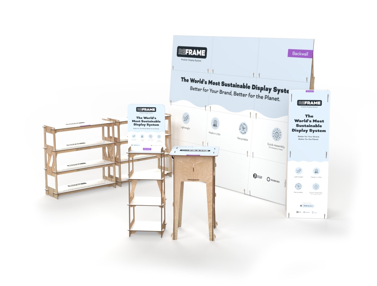 10x10 ReFrame trade show booth with modular backwall, shelving and counter