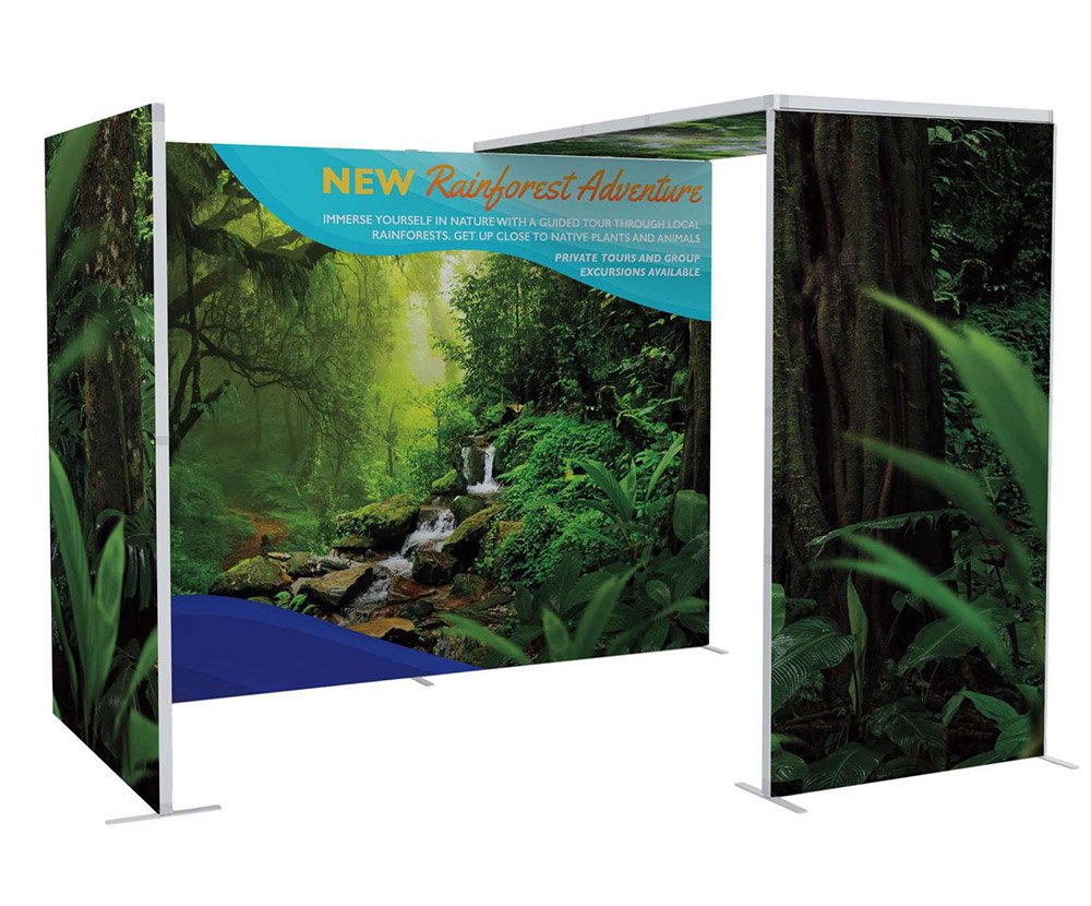 10x10 trade show booth with fabric graphic walls and overhead canopy