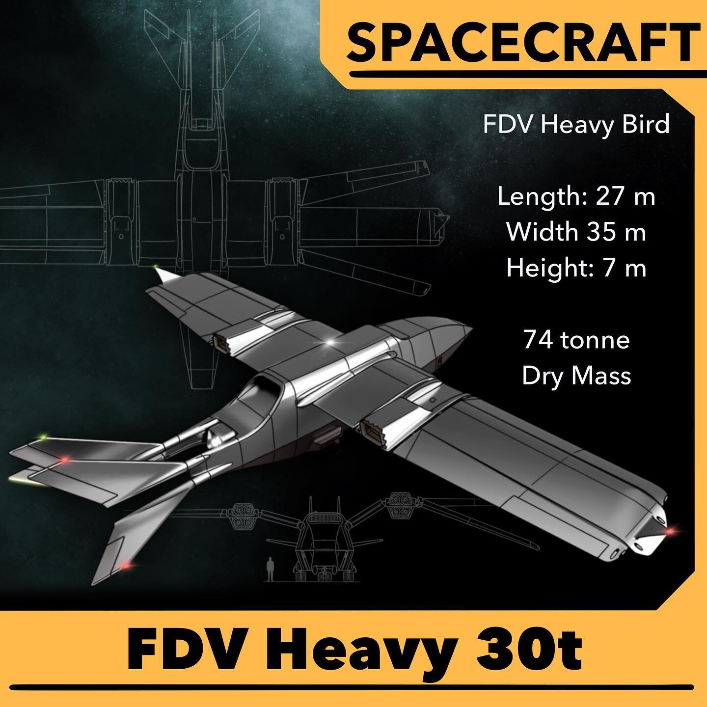 Designed to shuttle cargo from surface-to-orbit and back again, the FDV Heavy features large articulated wings, 8 jet turbines for atmospherical flight, and a cluster of 5 ion thrusters for trans-orbital maneuvers or gateway assisted interstellar tra