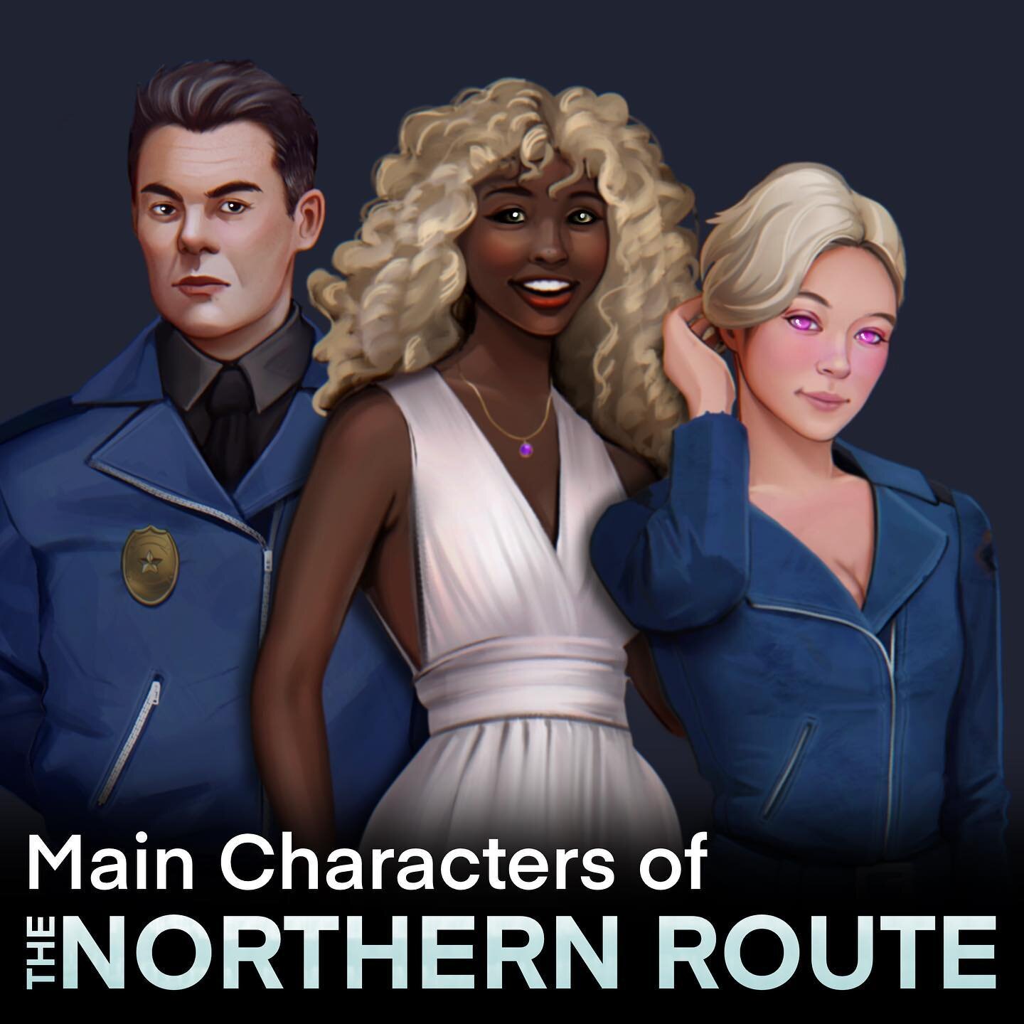The three main characters of The Northern Route! From the left, Cal, Piata, and Vesta. Check out their individual bios in other posts or on our website.

#scificharacter #scificharacterdesign #scificharacters #scificharacterart
