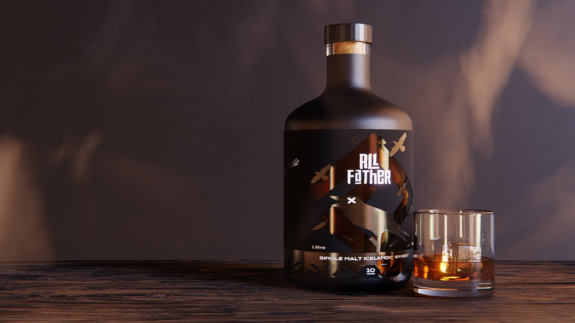 ALL FATHER bottle and whiskey render