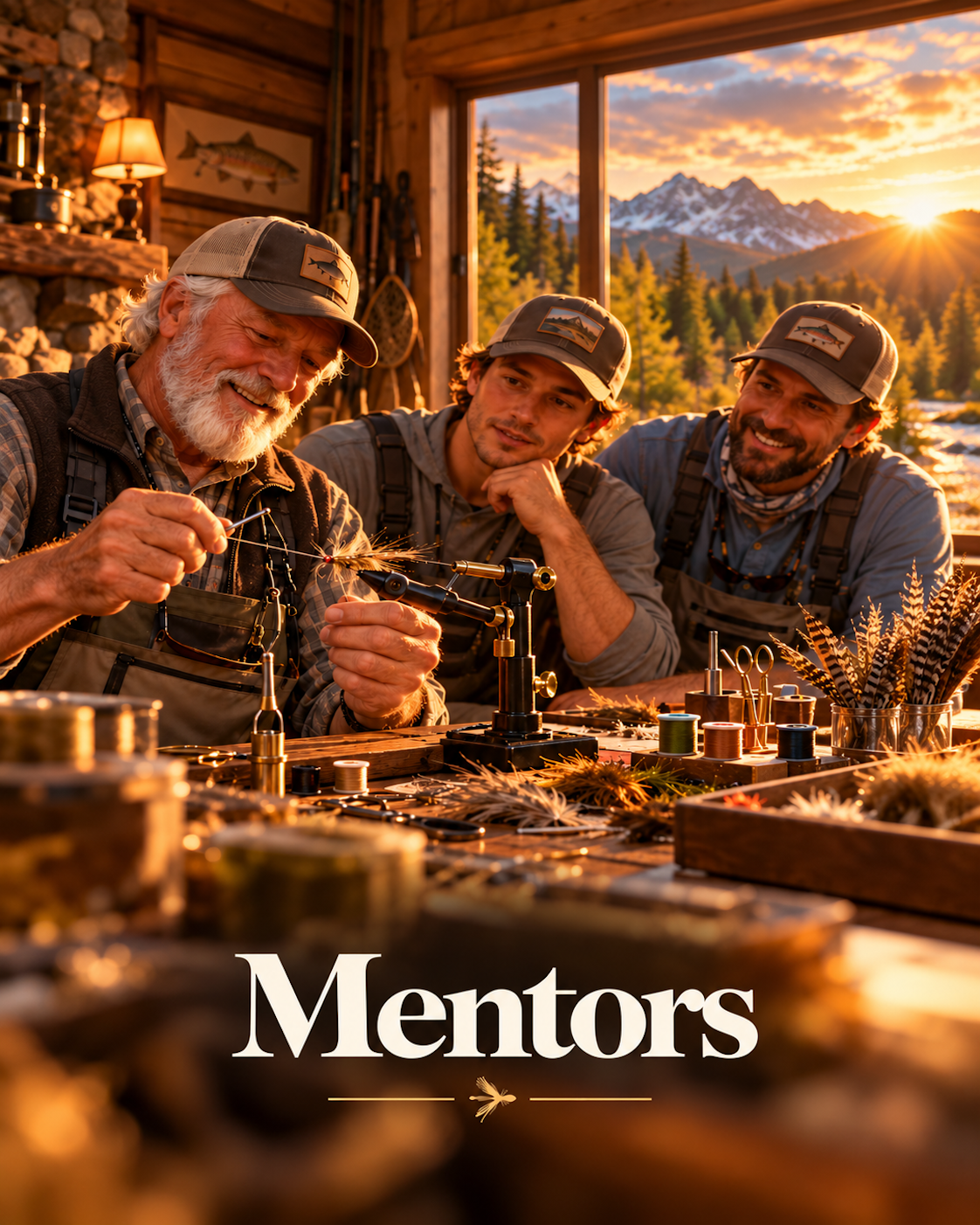 An older man teaching two young men how to tie flies for fishing in a rustic cabin with a view of mountains and sunset